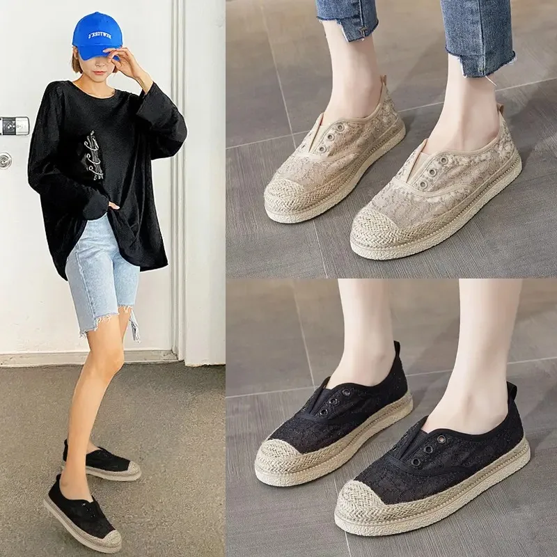 

Flat Round Toed Fisherman Shoes One Pedal Lazy Women Lace Shoes Slip On