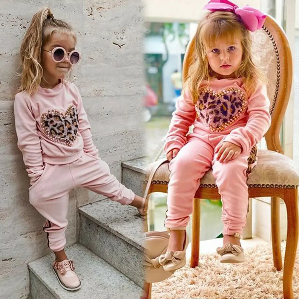 

pudcoco 2019 Children Clothing Suits For Girls Clothes Kids Toddler Enfant Fille Infantis Outfits Leopard Love Sweatshirt+Pants