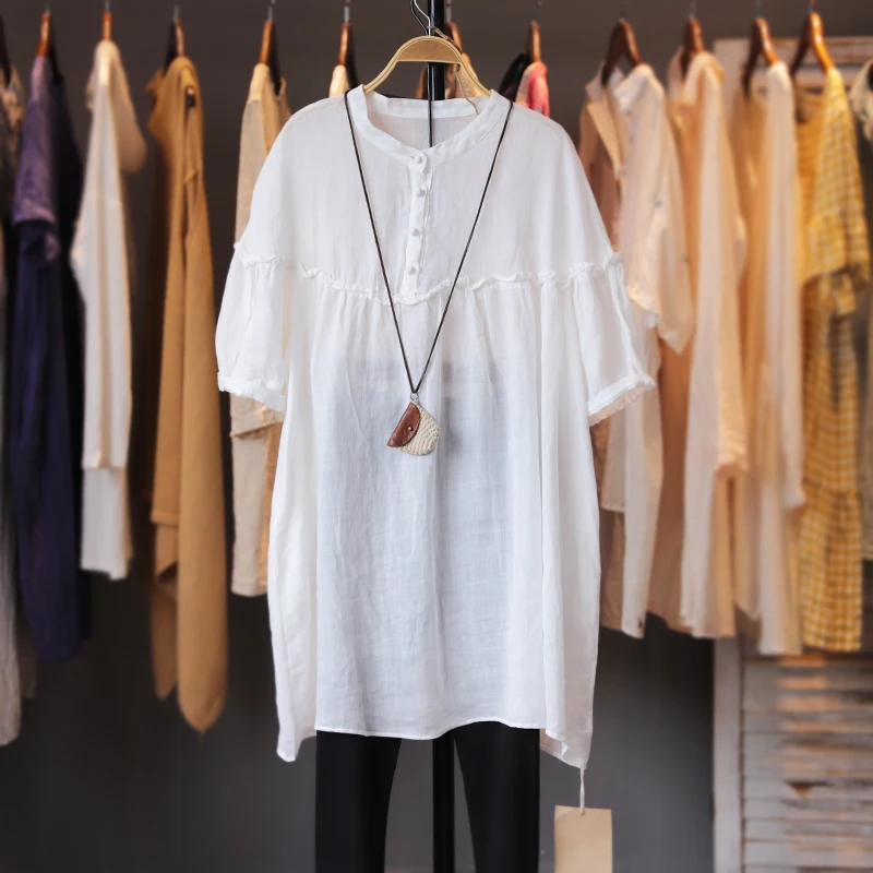 

Summer New Women Mori Girl Japan Style Loose Green Comfortable Water Washed Linen Pullover White Dresses W/h Side Pockets Belt