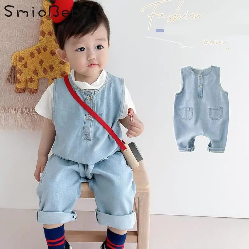 

Комбинезон джинсовый без рукавов, на бретелях, для новорожденных, лето От 0 до 2 лет