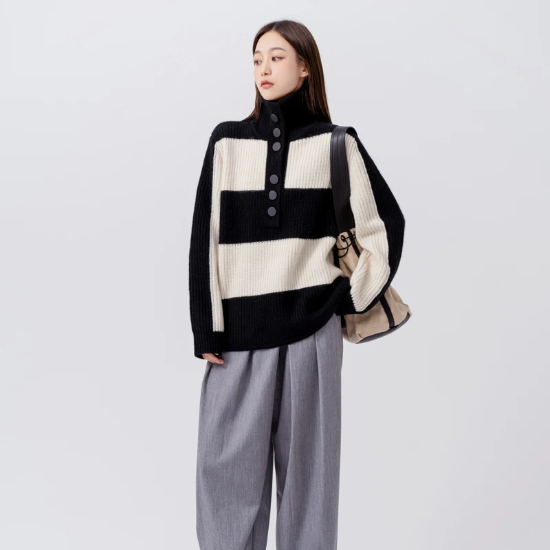 

Women Turtleneck Sweater 2021 New Autumn And Winter Loose Button Patchwork Female Knitted Pullover Korean Style Hot Sale A36