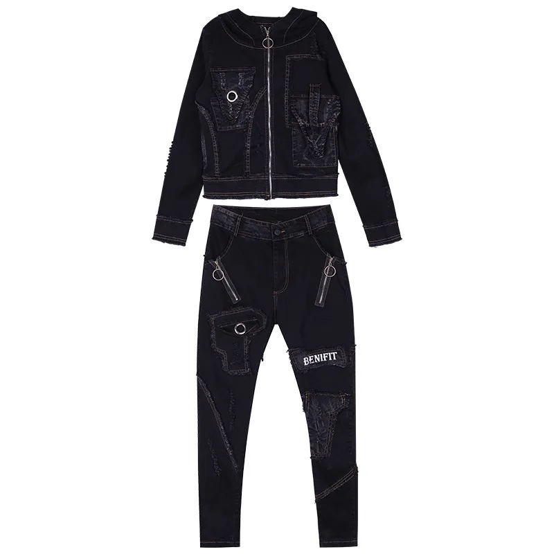 

High Street Autumn Fashion Women Two Piece Sets Long Sleeve Hooded Denim Jacket Harem Jeans Casual Female Matching Set Outfit