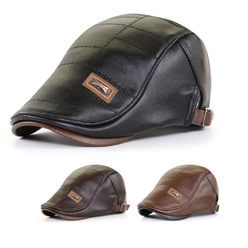 

Bigsweety 2020 New High Quality Men Beret Hat Real Leather Flat Cap Sheepskin Autumn Winter Male Brown Adjustable Mens Beret Cap