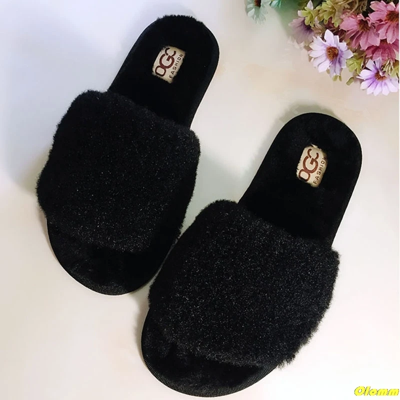 

Summer Women Furry Slides Faux Fur Slippers DGC Sandals Plush Cute Kawaii Designer Female Slippers Peep-Toe Platform Shoe