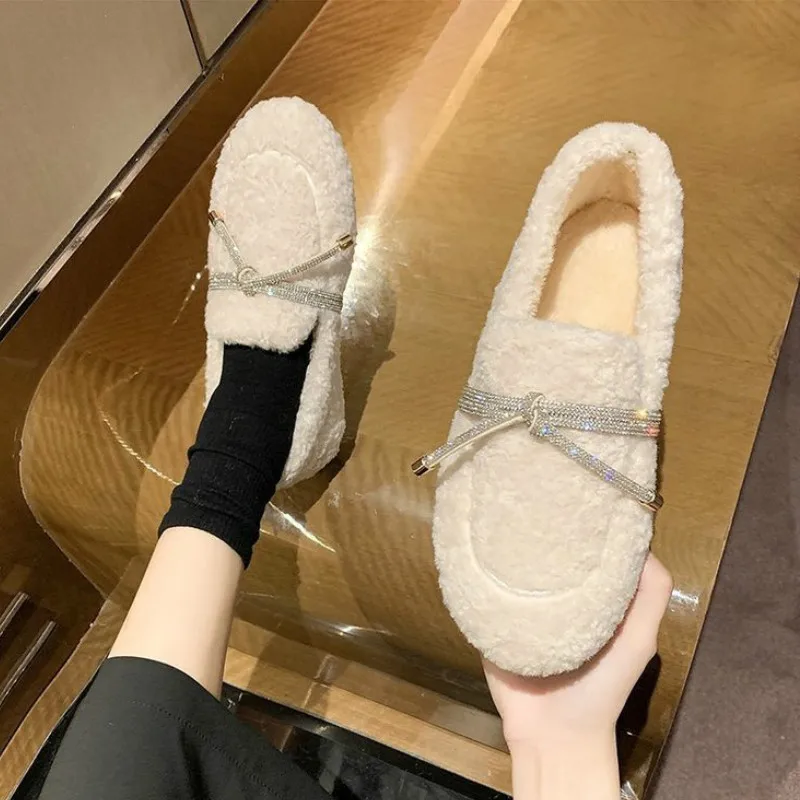 Winter The New Hairy Women's Shoes Casual Fashion Solid Slip-On Round Toe Butterfly-knot Plush High Quality Soft Bottom Flock