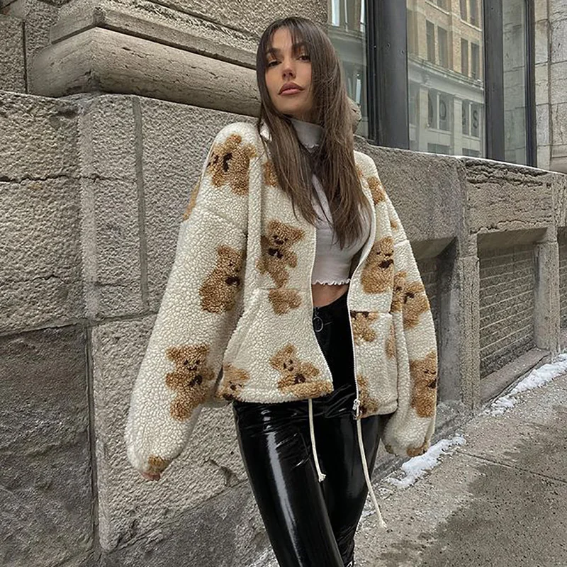 

Women Cartoon Bear Print Coat Loose Fit Long Sleeve Lapel Neck Zip Up Tops Women Autumn Winter Printed Thick Outerwear