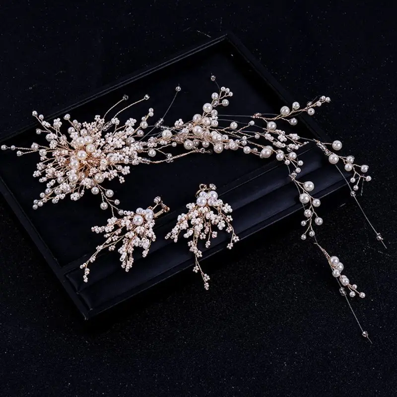 

3 Pcs/set Fashion Women Long Artificial Pearl Hair Band Earrings Set Bride Wedding Dress Accessories Headwear Earring E56A