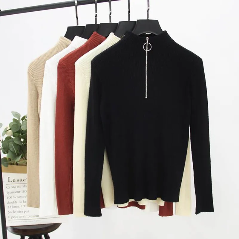 Новые осенние женские свитера средней длины с высоким плотно облегающим шею
