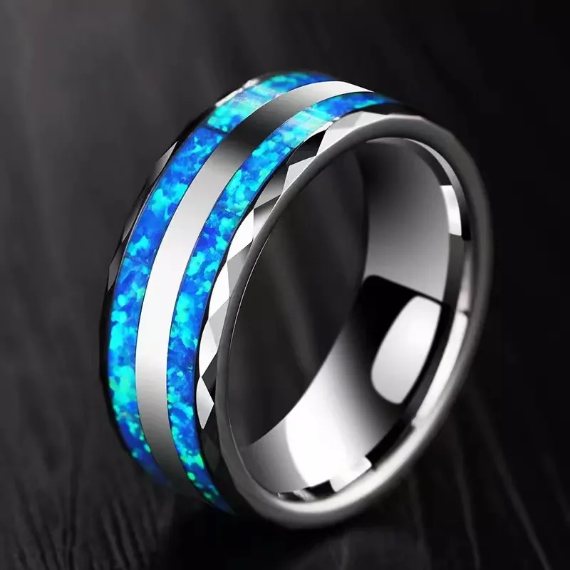 

4/8MM Men's Fashion Silver Color Stainless Steel Ring Double Polished Groove Blue Opal Inlay Wedding Engagement Ring for Women