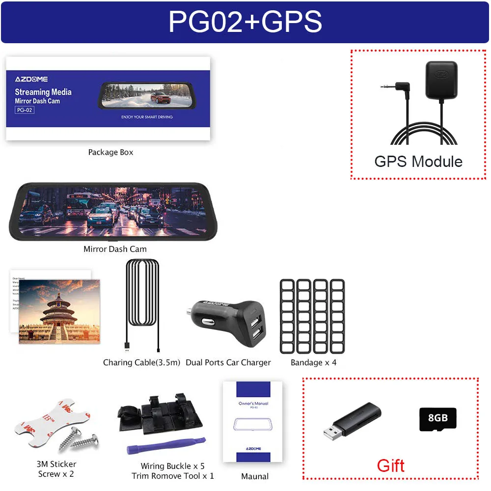 AZDOME PG02 1" зеркальный видеорегистратор с gps потоковым медиа Полноэкранный сенсорный ADAS двойной объектив ночного видения 1080P+ 720P Автомобильные видеорегистраторы - Color Name: PG02-GPS