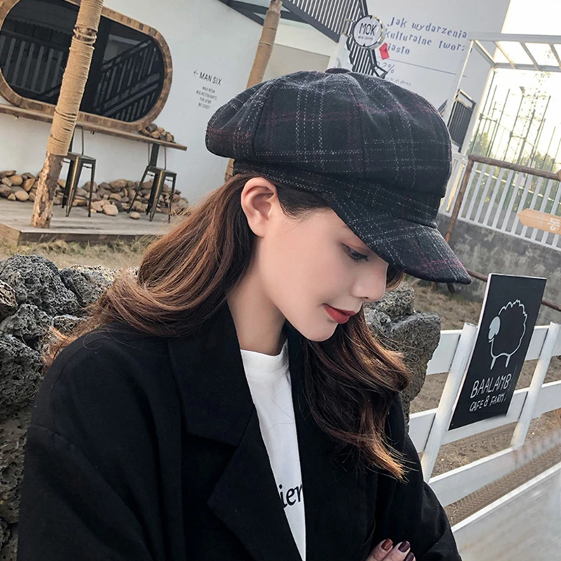 

Новинка 2022, женская шапка, осенне-зимние шапки для женщин, клетчатая женская шапка, корейский восьмиугольный головной убор, Женские Ретро шл...