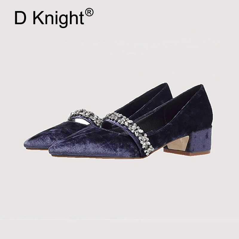 

Sexy Pointed Toe 3cm/6cm Thick Heel Women Pumps Shoes Retro Velvet Mary Jane New 2020 Fashion Rhinestone High-Heeled Shoes Woman