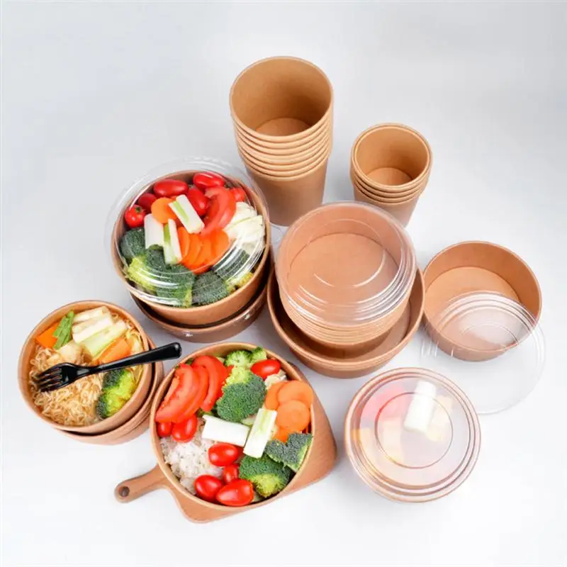 

50pcs Disposable Kraft Paper Bowls Fruit Salad Bowl Food Packaging Containers Party Favor (26oz, with Lid)