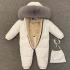Детский пуховой комбинезон, бесшовный, с воротником из натурального серого лисьего меха