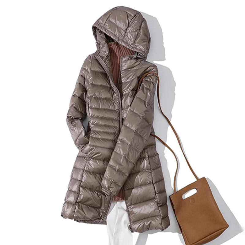 Куртка женская на утином пуху с капюшоном и длинным рукавом теплая большого
