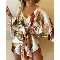 2021 boho style women tropical print asymmetrical tie front mini skirts casual summer vintage short dress with belt