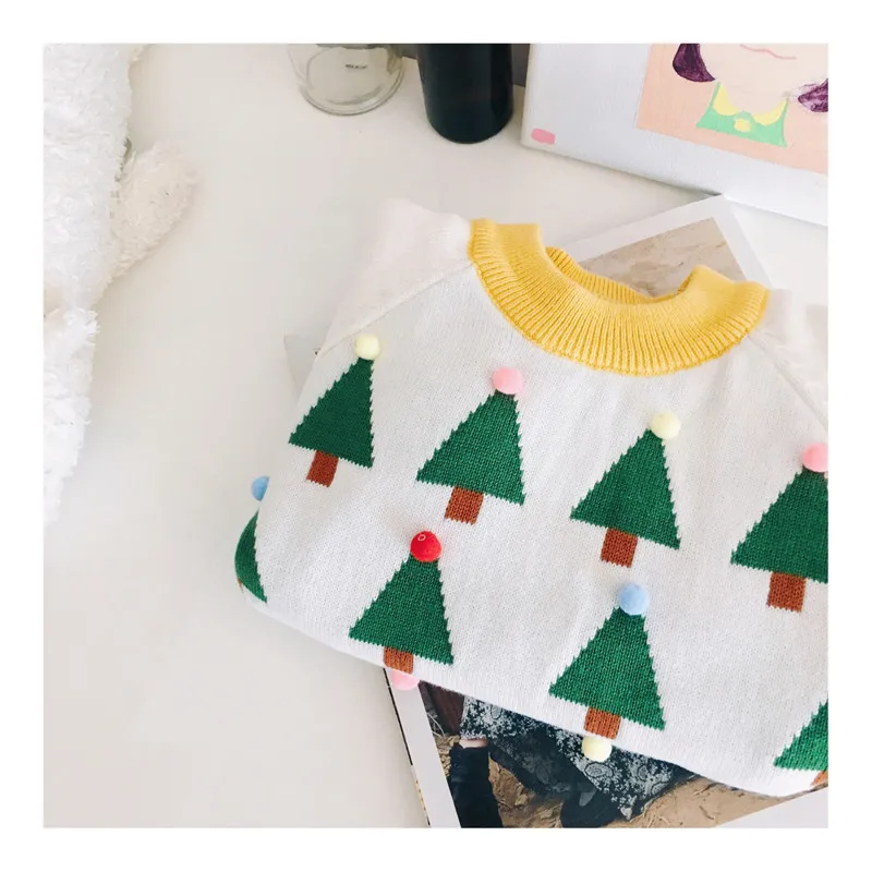 Tonytaobaby Winter Clothes New Children's Clothing White Christmas Tree Knit Sweater Baby Girl Sweater Christmas Sweater