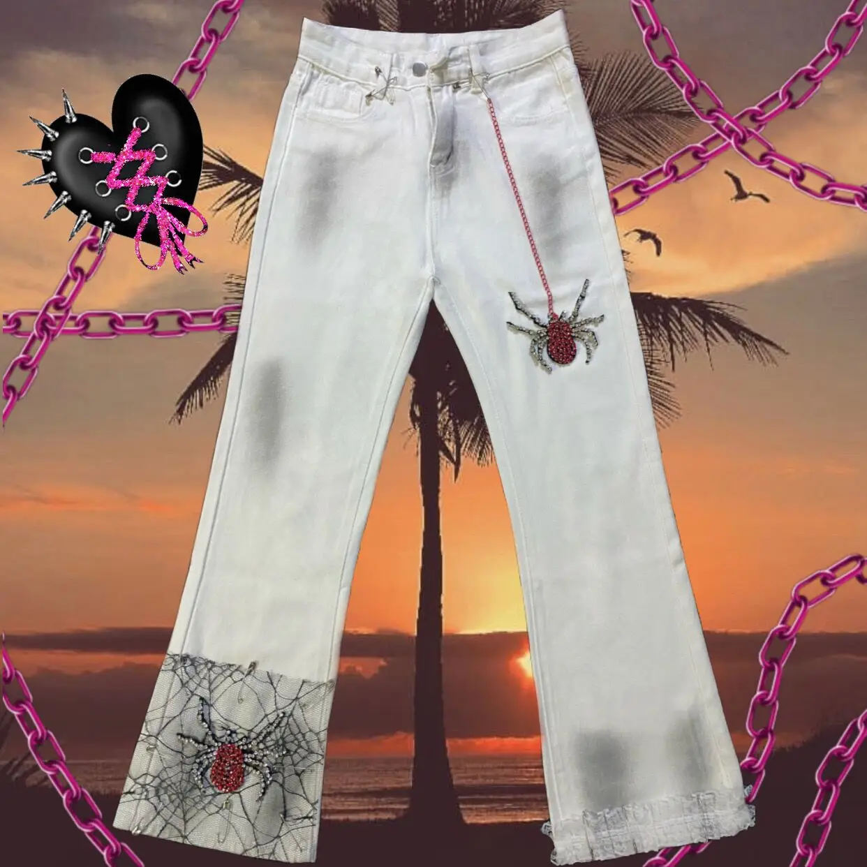 Женские кружевные расклешенные брюки в стиле панк готика гранж винтажные черные