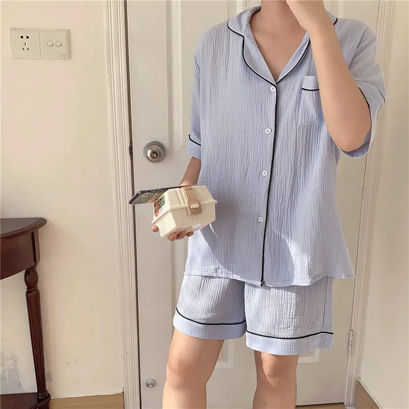 

100% cotton soft couple pajamas suit women sleepwear summer short sleeve tops shorts home suit loose homewear crep pejama