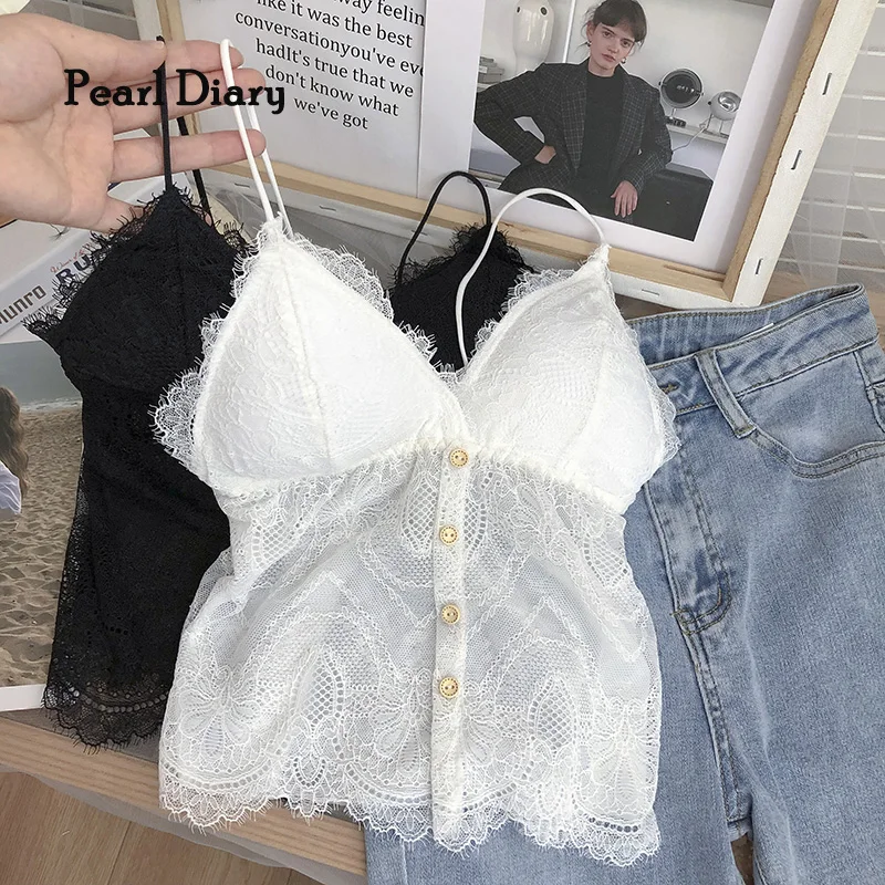 Купи Pearl Diary Women Lace Camisole Summer Spaghetti Strap V Neck Tops With Bra Pads Buttons Front Backless Sexy Lace Tops за 637 рублей в магазине AliExpress