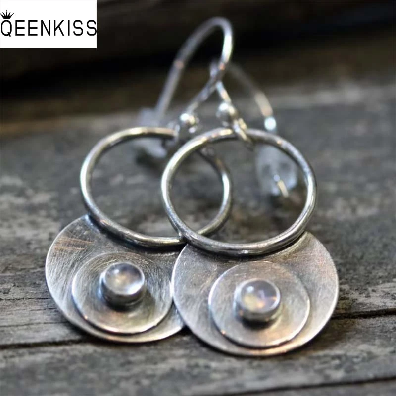 

QEENKISS EG6306 2022 Fine Jewelry Wholesale Fashion Woman Girl Birthday Wedding Retro Lock Up Round Antique Silver Drop Earrings