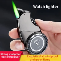 new interesting watch inflatable turbine lighter metal green flame windproof butane gas lighter smoking accessories mens toys