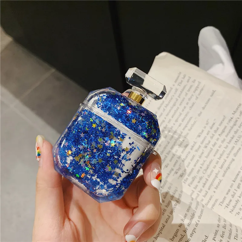 Роскошный дизайн жидкого сыпучий песок с блестками сверкающий флакон духов Форма беспроводные наушники крышка для apple airpods случае BIA718