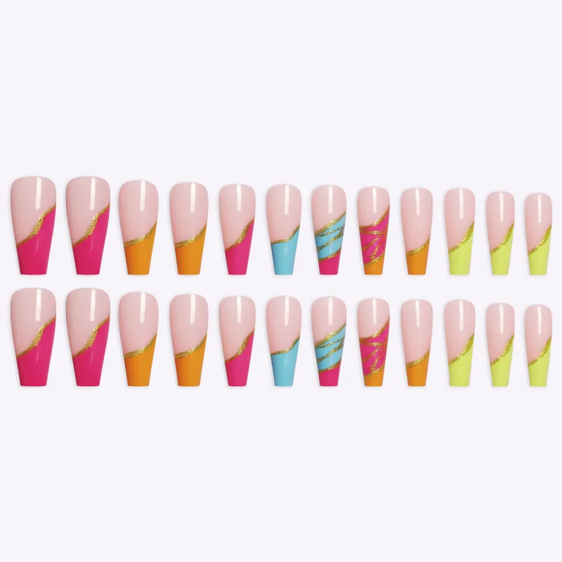 24 шт./кор. накладные ногти с клеем дизайн красочная золотая нить Радужный абзац