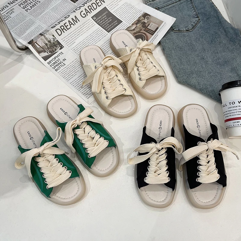 

2021 New Fashion Women Summer Lace-up Casual Canvas Sandals Fashion Flat-bottomed Sports Slippers Open Toe Flats Sandals Shoes
