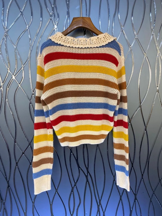 

2021 early spring new women's hollow lapel stripe decoration long-sleeved all-match sweater 107