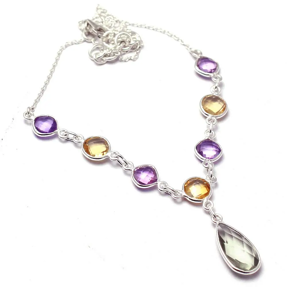 

Genuine Green Amethyst+Amethyst+Citrine Necklace 925 Sterling Silver, 44.5 cm, 2SN0109