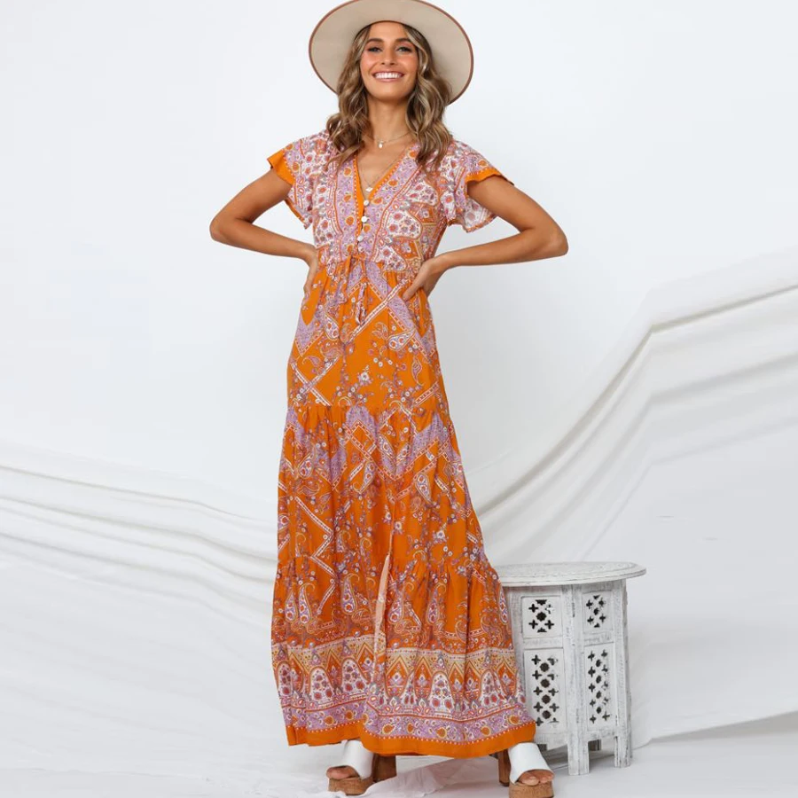 Женское платье макси из вискозы с цветочным принтом и V образным вырезом|Женские