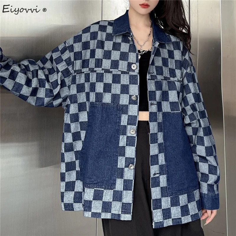 

Женская джинсовая куртка в клетку, свободная винтажная джинсовая куртка с длинным рукавом, верхняя одежда, весна-осень 2021