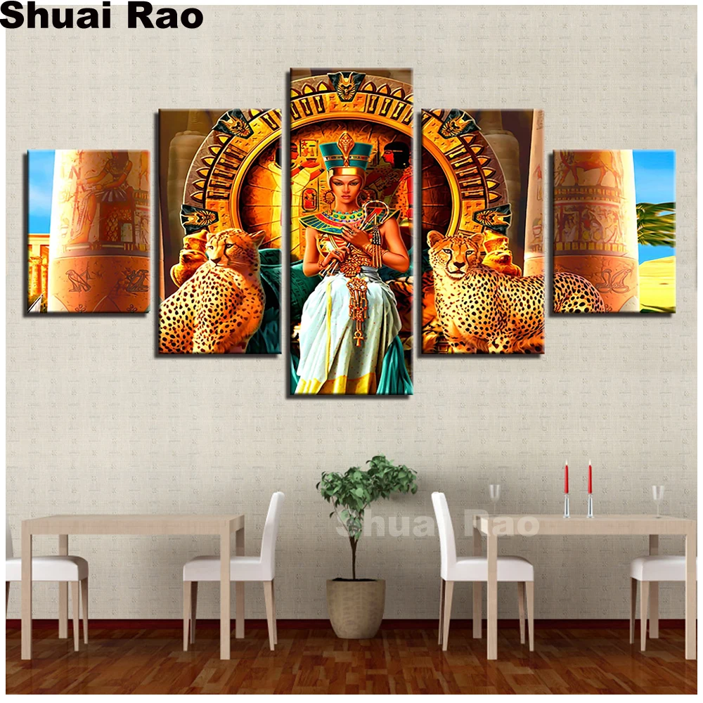 Большая круглая Алмазная вышивка египетская королева Клеопатра и леопард