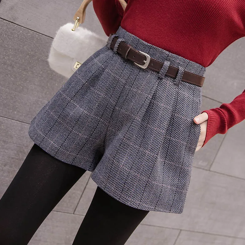 grey plaid Осенние зимние шерстяные шорты женские Корейская Высокая талия клетчатые широкие шорты женские офисные женские свободные плотные шорты с поясом - Цвет: grey plaid