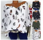 Женская блузка с V-образным вырезом, Свободная шифоновая рубашка без подкладки, с принтом перьев, с рукавом до локтя, YSY004, 2020