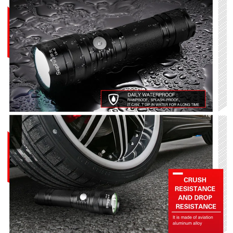 SupFire высокомощный заряжаемый светодиодный вспышка светильник USB фонарь 26650 L6 S SST40