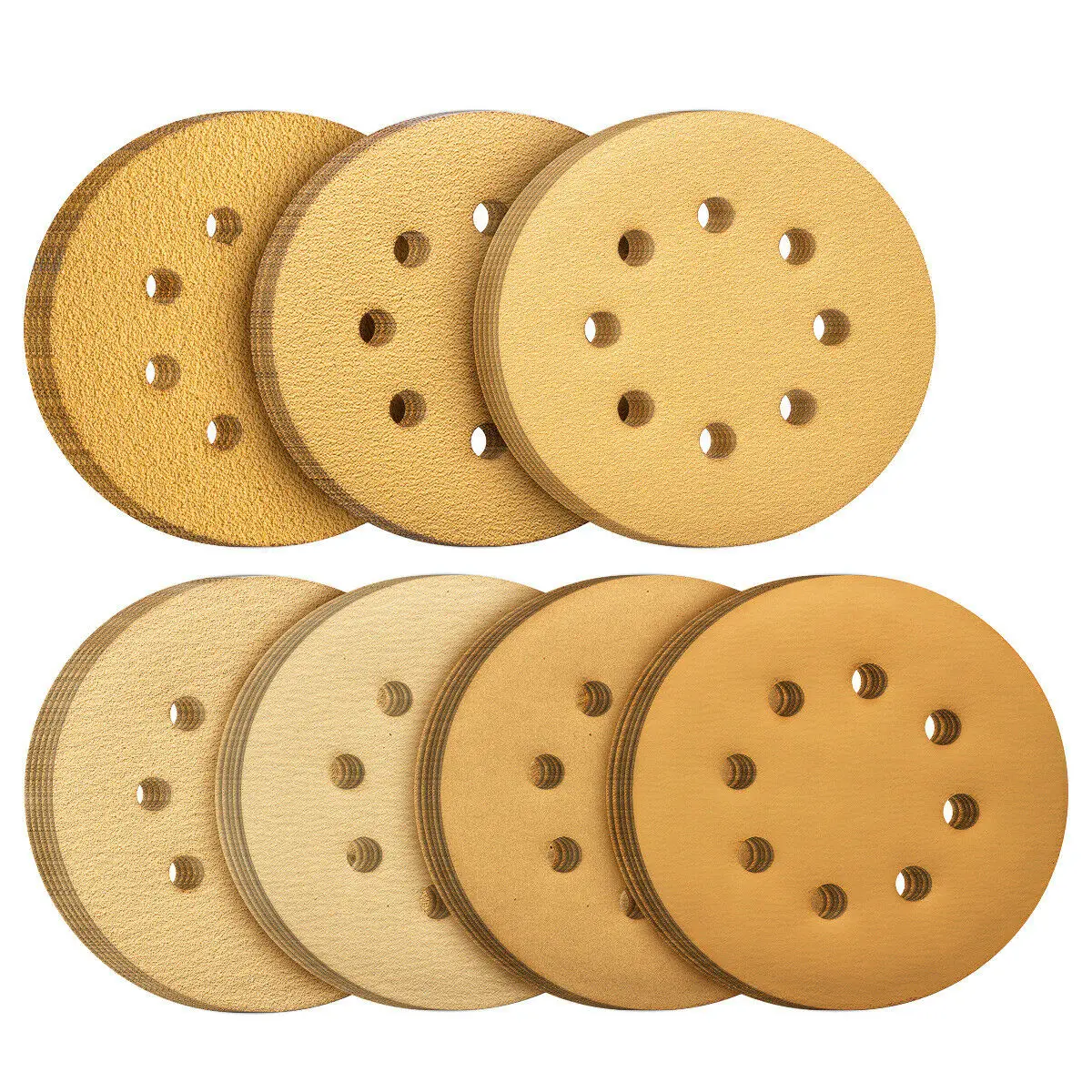 105PCS 5 Inch Gold Sanding Discs Hook and Loop 8 Holes Assorted Grits Sandpaper