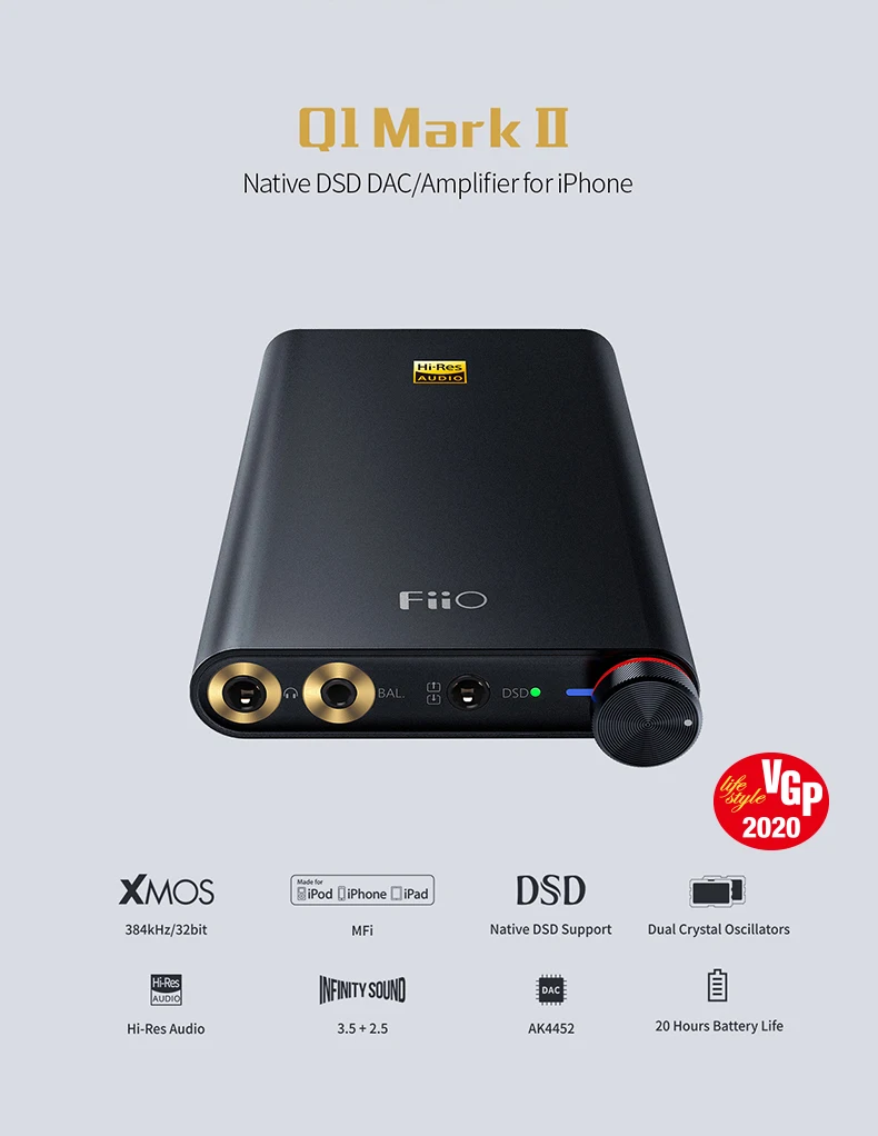 FiiO родная DSD USB DAC/усилитель Q1 MKII для Apple iPhone iPad, FiiO DAC Ampifiler для Android/компьютера/sony/Xiaomi