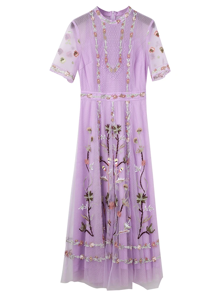 

Pink Long Purple Dress 2021 Summer Wedding Party Women Sexy Tulle Mesh Embroidery Short Sleeve Elegant Long Maxi Dress Festival