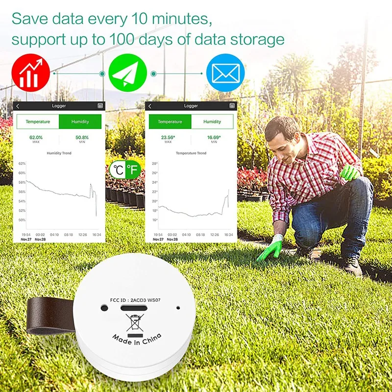 

Wireless Thermometer Hygrometer, Bluetooth 5.0 Humidity Temperature Sensor with Alerts for IOS Android