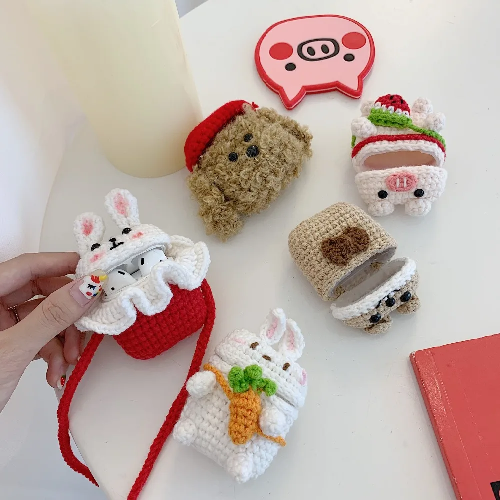 3D милый чехол для наушников Airpods, чехол с рисунком из мультфильма, вязаный плюшевый чехол для Apple Airpods, 2 чехла, аксессуары для наушников с плюшевой собачкой и кроликом