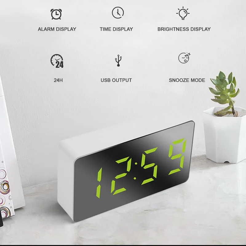 

LED Mirror Alarm Clock Digital Snooze Desk Clock Wake Up Light Electronic Large Time Temperature Display Table LED Alarm Clock