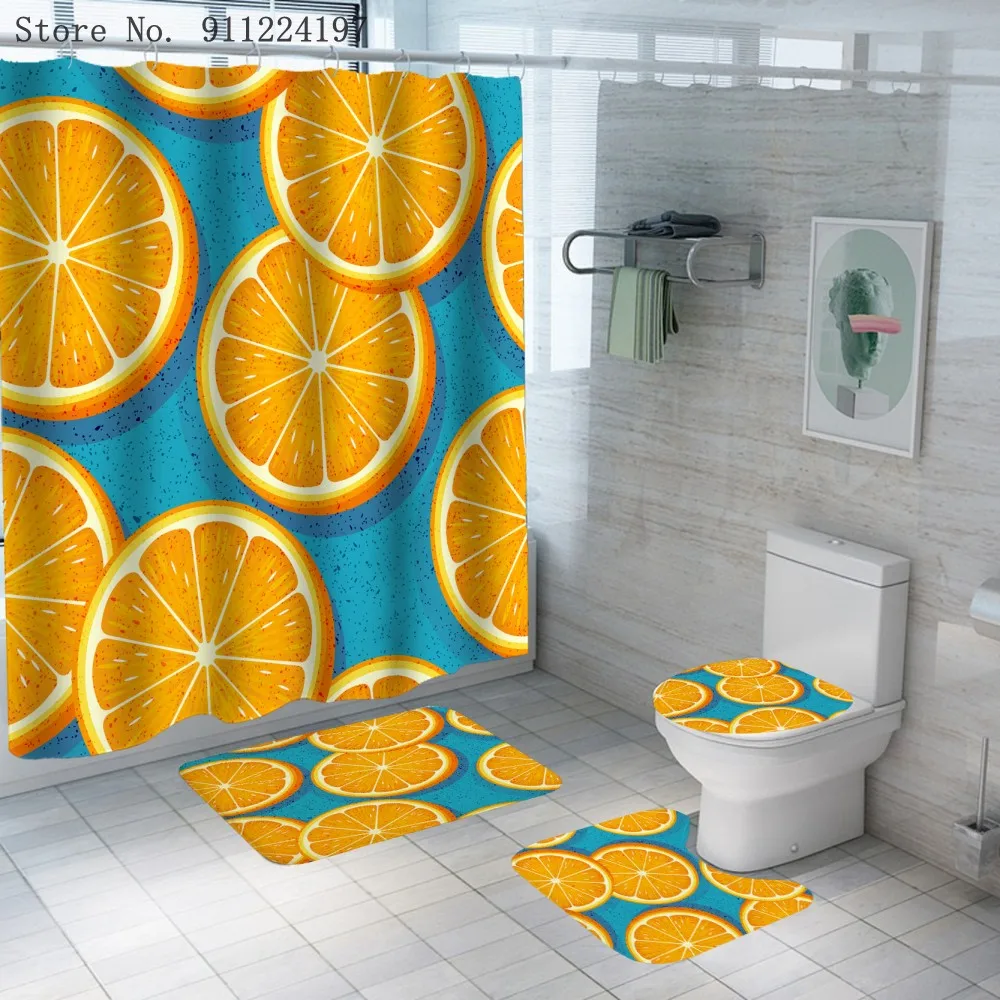 

Summer Fruit Print 4 Piece Shower Curtain Orange Lime Watermelon Bath Curtains Non-Slip Carpet Toilet Cover Bathroom Decor Set