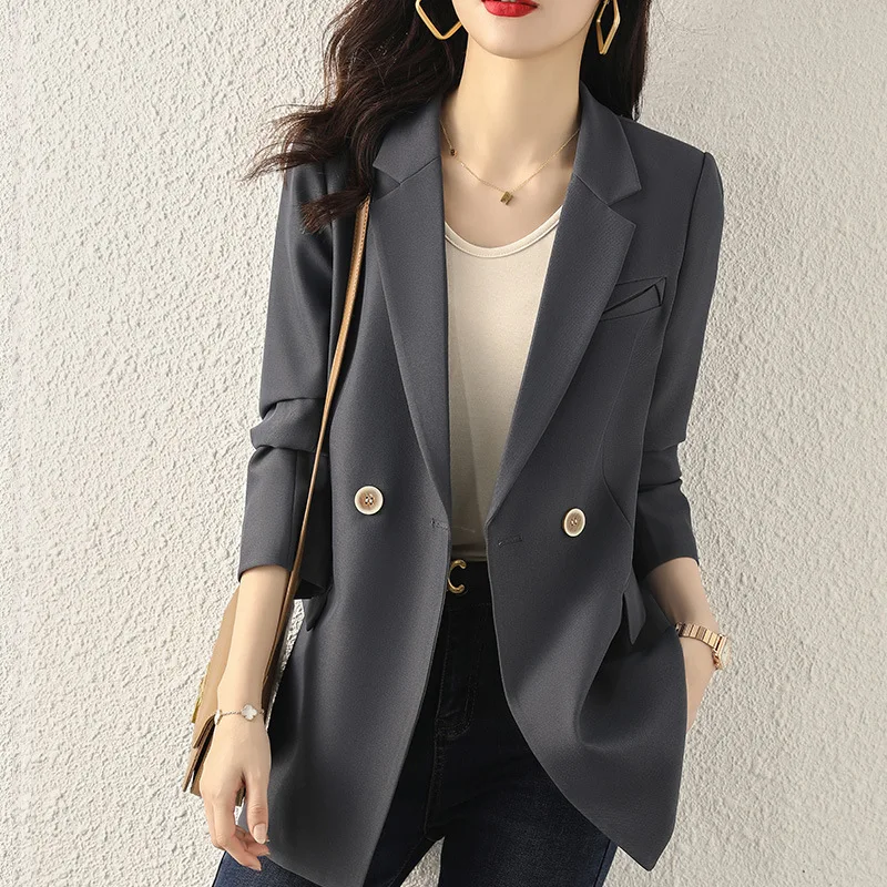 

LY VAREY LIN New Spring Autumn Office Lady Slim Blazers Turn-down Collar Double Breasted Coat Women Solid Color Outwear