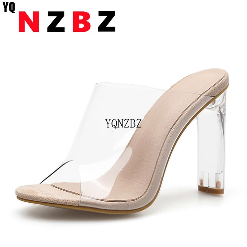 

YQNZBZ New Women Slippers PVC Crystal Square heel Transparent Clear High heels Summer Slippers Sandals Pumps 11cm size 35-40
