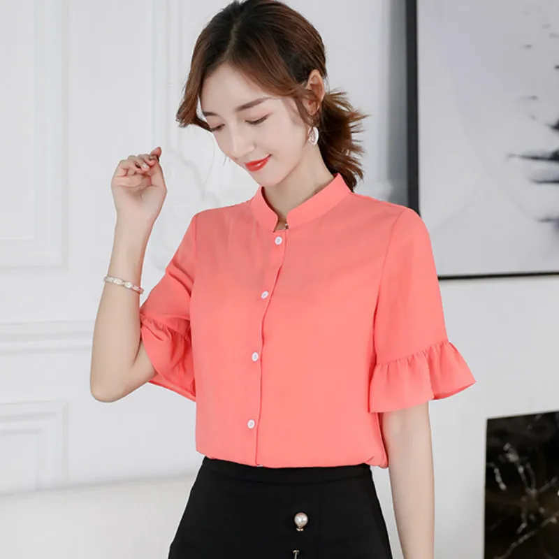 

Shirts Women 2020 Chiffon Short Sleeve Womens Solid Chic Cute All-match Kawaii Shirt Korean Style Blouses Simple Trendy Elegant