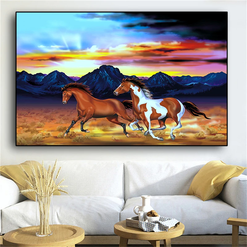 

Large Size Two Running Horses Canvas Oil Painting Posters And Prints Animal Wall Pictures For Living Room Cuadros Decoration