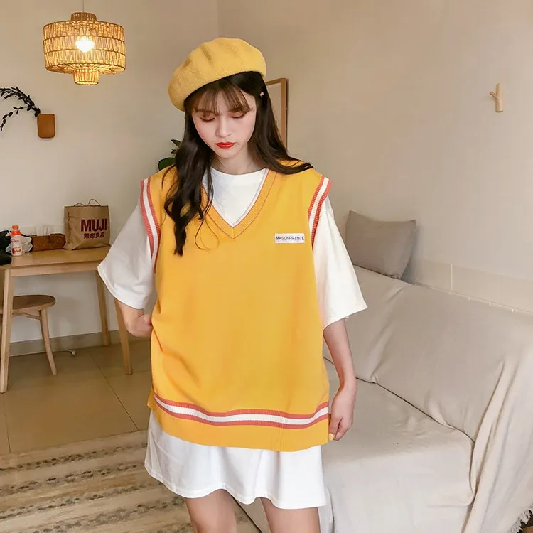 

Women Sleeveless Pullover 2021 Autumn Korean Style Stripe Patchwork Casual Loose V Neck Knit Sweater Vest Waistcoat Top