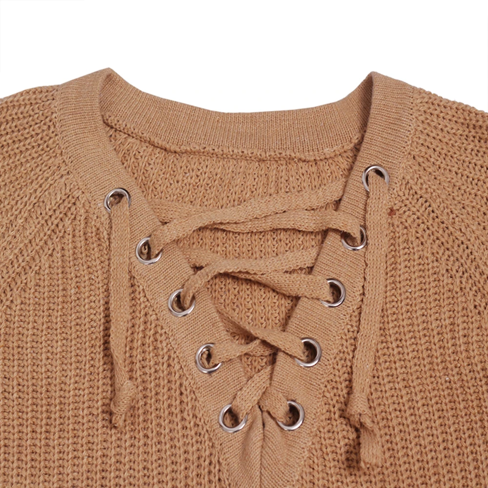 

MIAN V-Neck Lacing Knitting Womens Sweaters Spring Autumn Winter Solid Fashion Clothes Long Sleeve Loose Pullovers